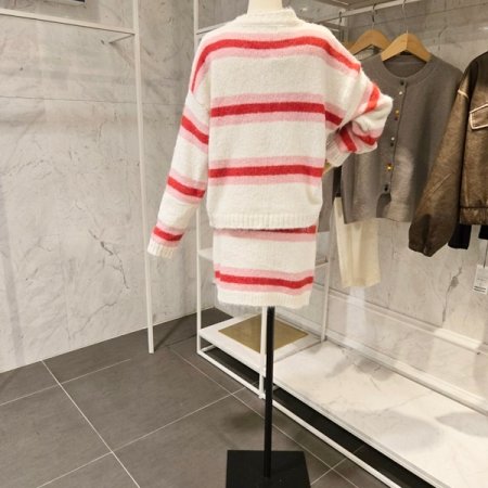 스트라이프 니트 스커트 세트