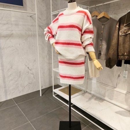 스트라이프 니트 스커트 세트