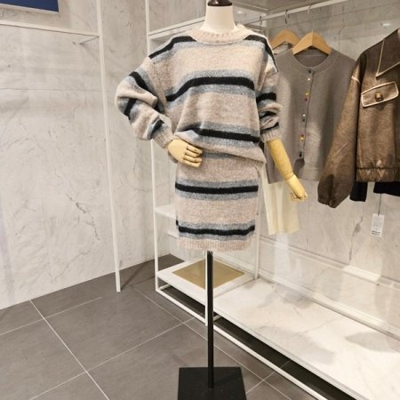 스트라이프 니트 스커트 세트