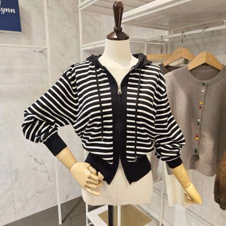 후드 투웨이 스트라이프 가디건