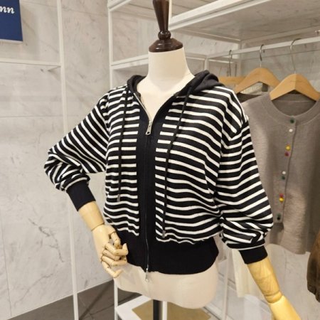 후드 투웨이 스트라이프 가디건