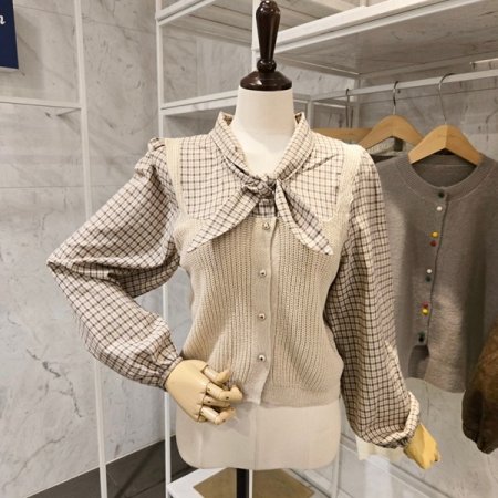 니트 배색 체크 셔츠