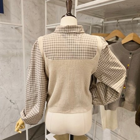 니트 배색 체크 셔츠