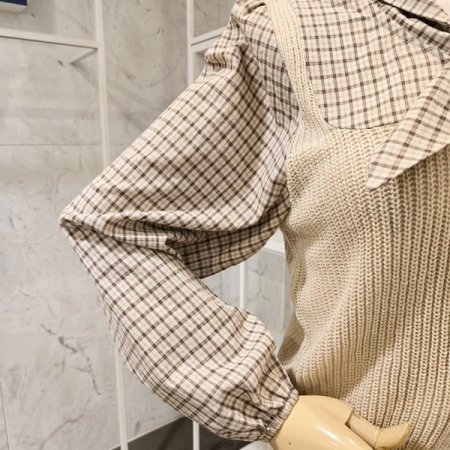 니트 배색 체크 셔츠