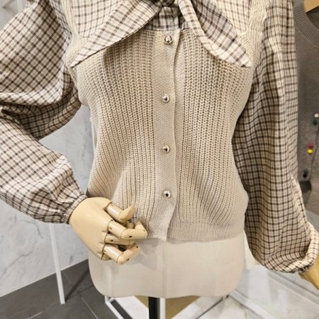 니트 배색 체크 셔츠