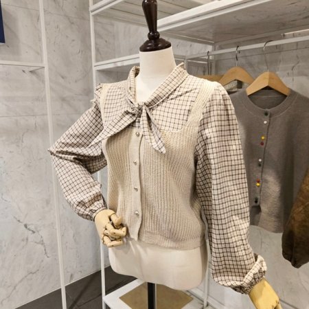 니트 배색 체크 셔츠