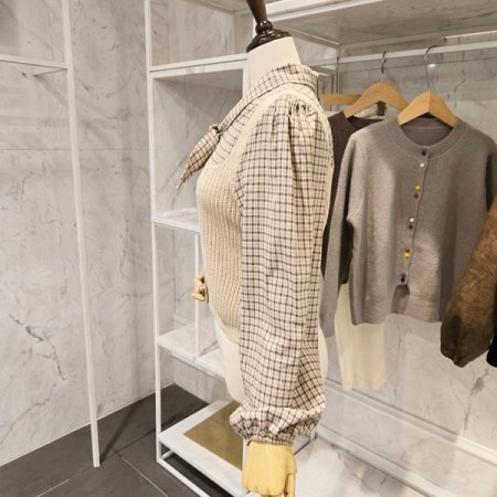 니트 배색 체크 셔츠