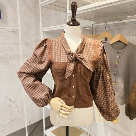 니트 배색 체크 셔츠