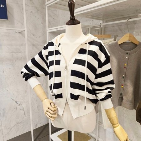 후드넥 줄무늬 투웨이 가디건