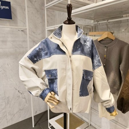 플라워 배색 레더 자켓