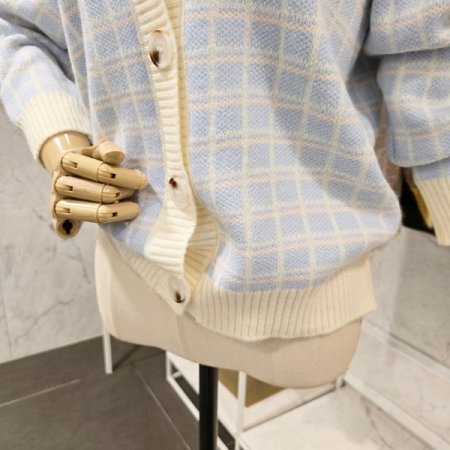 컬러 체크 브이넥 가디건