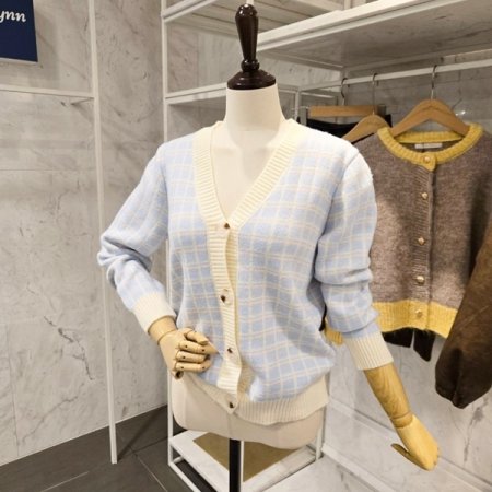 컬러 체크 브이넥 가디건