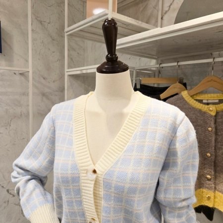 컬러 체크 브이넥 가디건