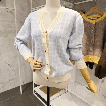 컬러 체크 브이넥 가디건