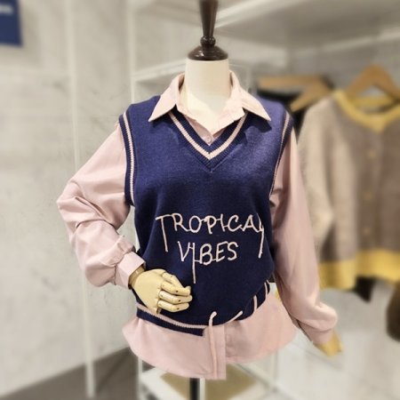 레터링 배색 조끼 셔츠 세트