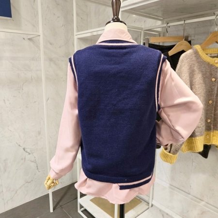 레터링 배색 조끼 셔츠 세트