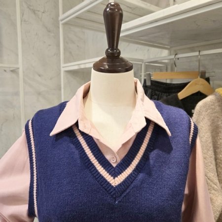 레터링 배색 조끼 셔츠 세트