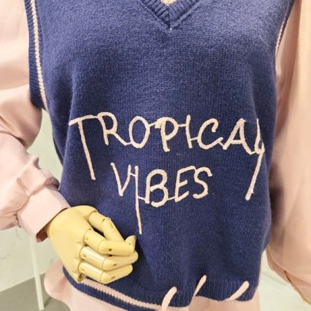 레터링 배색 조끼 셔츠 세트