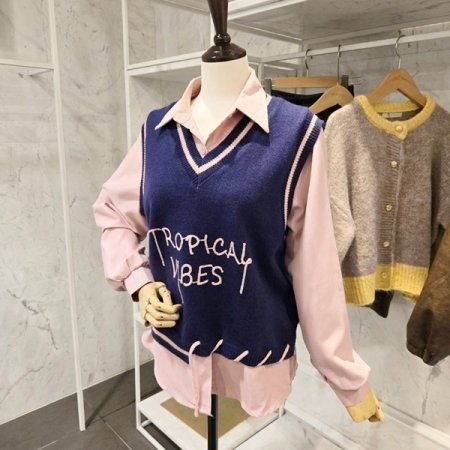 레터링 배색 조끼 셔츠 세트