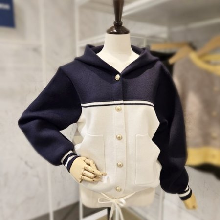 블럭 후드 스트링 가디건