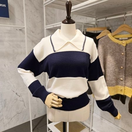 카라 배색 줄무늬 니트