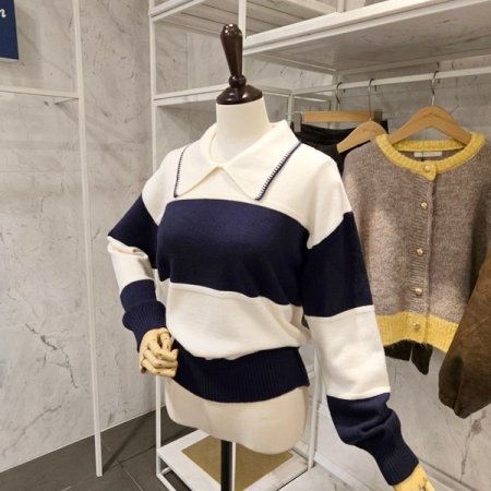 카라 배색 줄무늬 니트