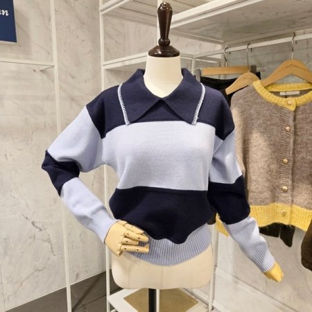 카라 배색 줄무늬 니트