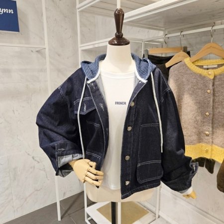 배색 줄지 후드 데님 자켓