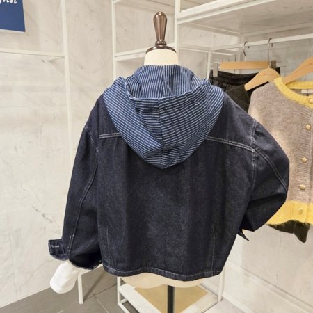 배색 줄지 후드 데님 자켓