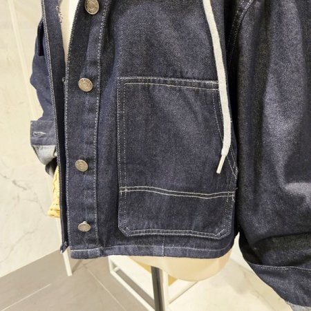 배색 줄지 후드 데님 자켓