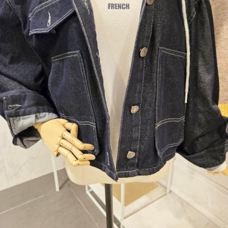 배색 줄지 후드 데님 자켓