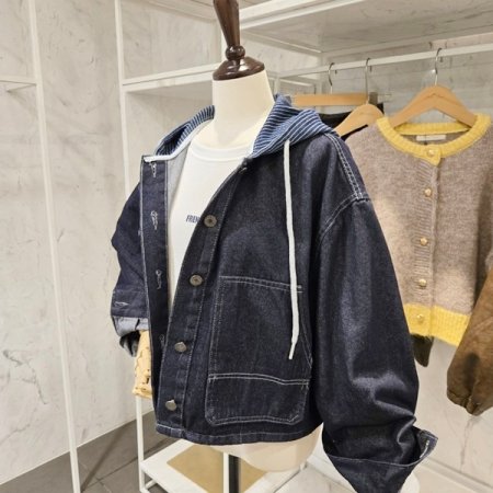 배색 줄지 후드 데님 자켓