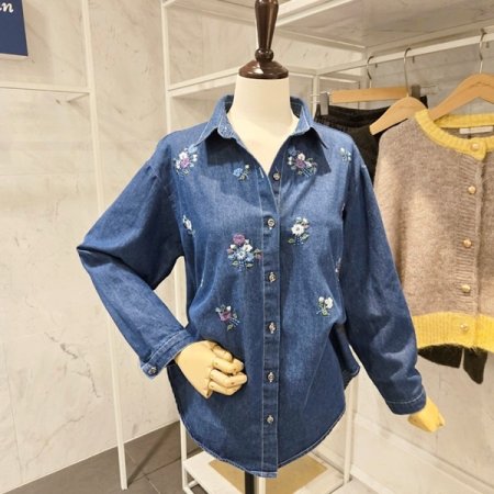 꽃 자수 청 남방