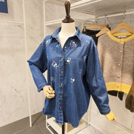 꽃 자수 청 남방