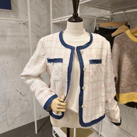 청 배색 트위드 자켓