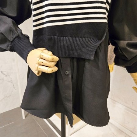 줄무늬니트 배색 블라우스