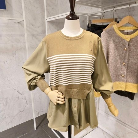 줄무늬니트 배색 블라우스