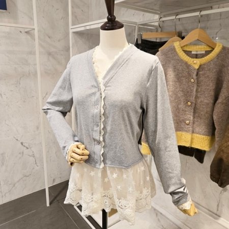 레이스 배색 브이넥 가디건