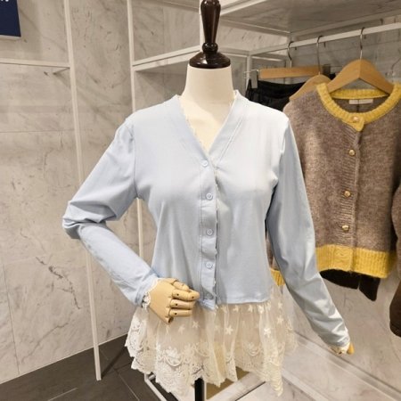 레이스 배색 브이넥 가디건