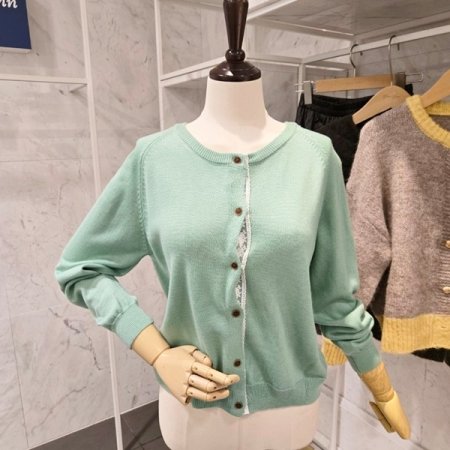 레이스 배색 라운드넥 가디건