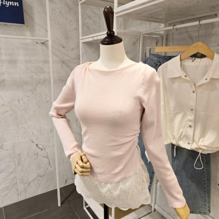 레이스배색 셔링 니트