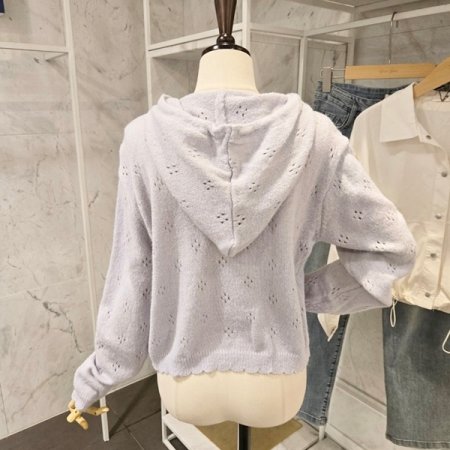 후드넥 펀칭 니트 가디건