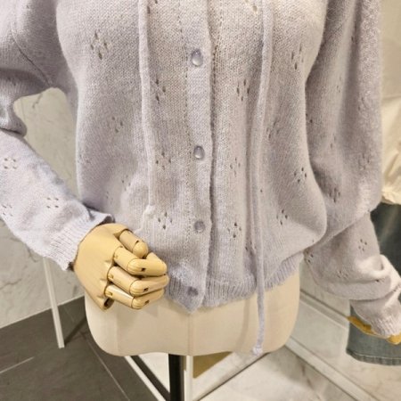 후드넥 펀칭 니트 가디건