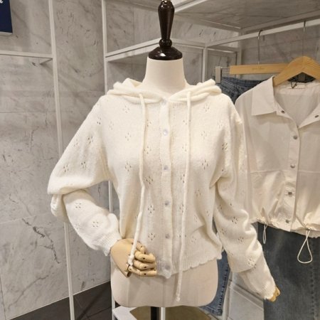 후드넥 펀칭 니트 가디건