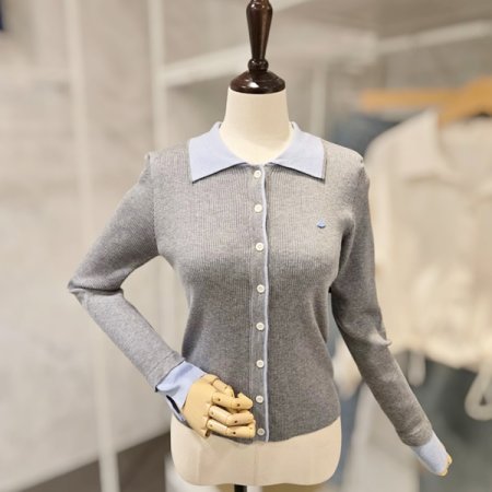 카라 배색 골지 가디건