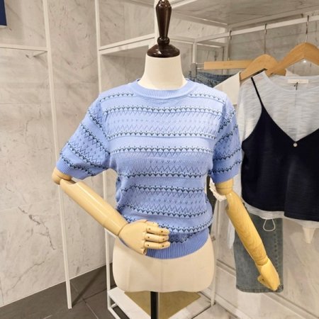 패턴 라운드 반팔 니트