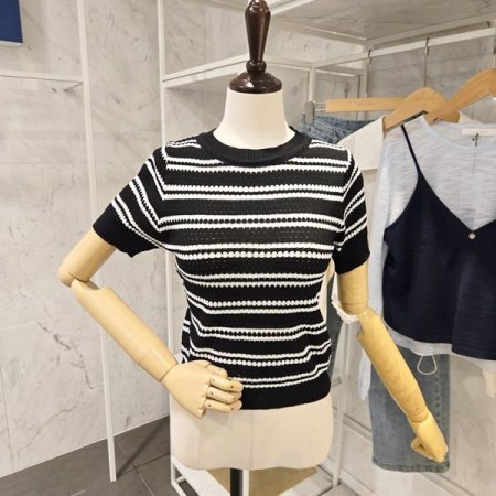 스트라이프 반팔 니트