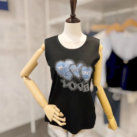 청 배색 골지 민소매니트