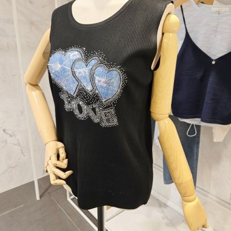 청 배색 골지 민소매니트