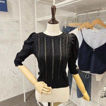 5부 퍼프 부클 니트